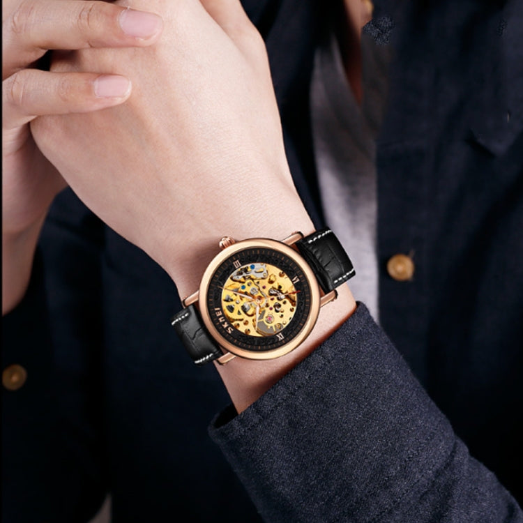 SKMEI 9229 Men Automatic Skeleton Mechanical Watch Thorough Bottom Student Watch(Rose Gold Shell Black Face) by SKMEI