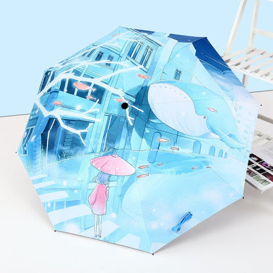 Art Small Fresh Umbrella Folding Sun and Rain Dual-use Umbrella Sun Protection and UV Protection Vinyl Sun Umbrella(Early Morning Street Corner) by bashfashion