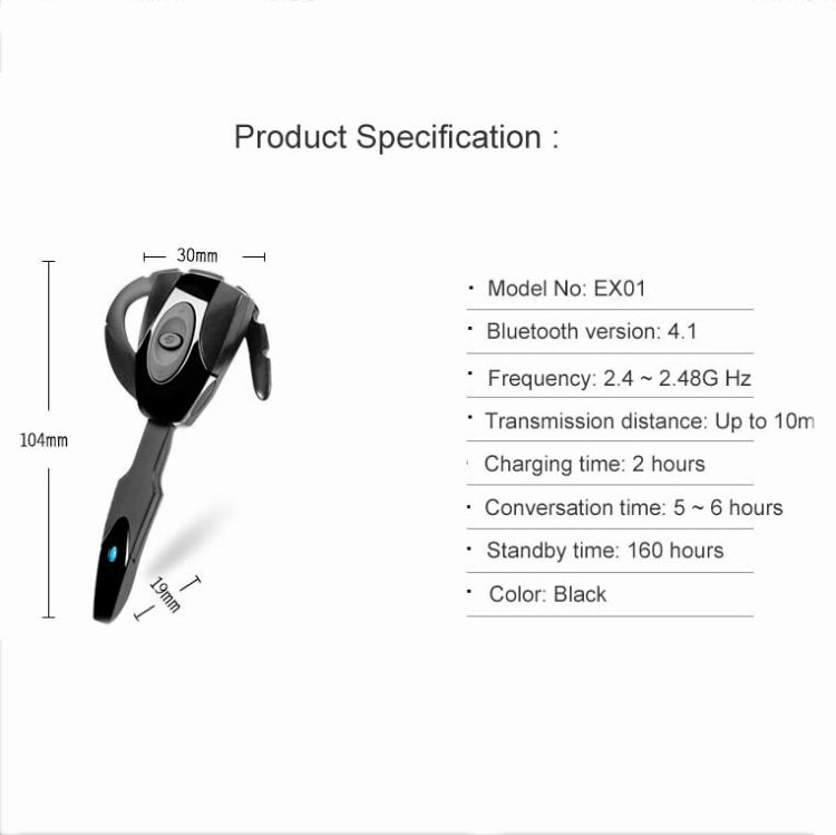 ex-01 Bluetooth 4.1 Business Hanging Ear Bluetooth Earphone(Black) by bashfashion