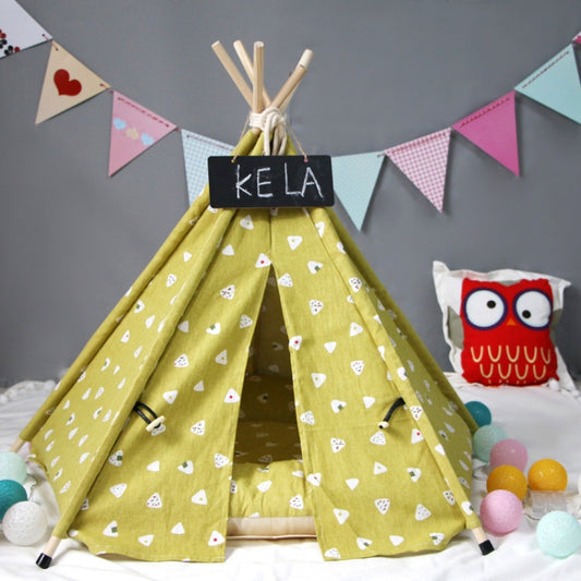 Cotton Canvas Pet Tent Cat and Dog Bed with Cushion, Specification: Large 60×60×70cm(Yellow Triangle) by bashfashion