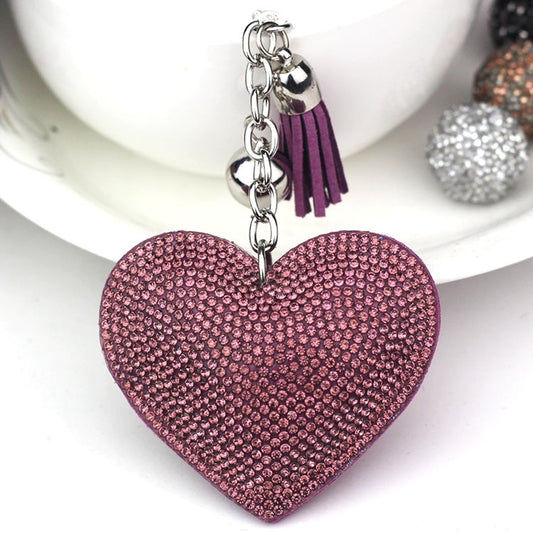 Heart Keychain Leather Tassel Gold Key Holder Metal Crystal Key Chain Keyring Charm Bag Auto Pendant Gift(purple) by bashfashion