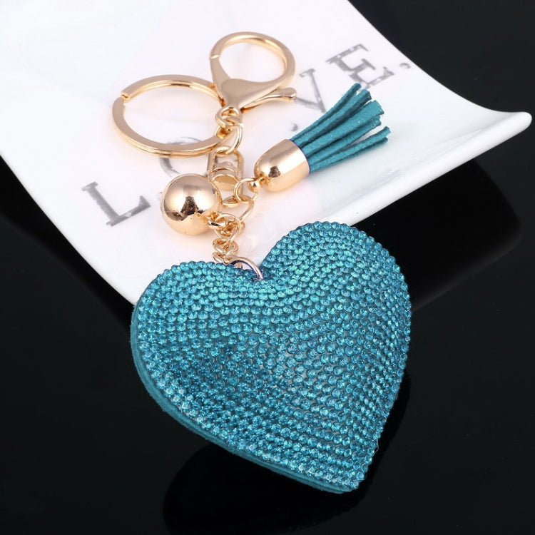 Heart Keychain Leather Tassel Gold Key Holder Metal Crystal Key Chain Keyring Charm Bag Auto Pendant Gift(lake blue) by bashfashion