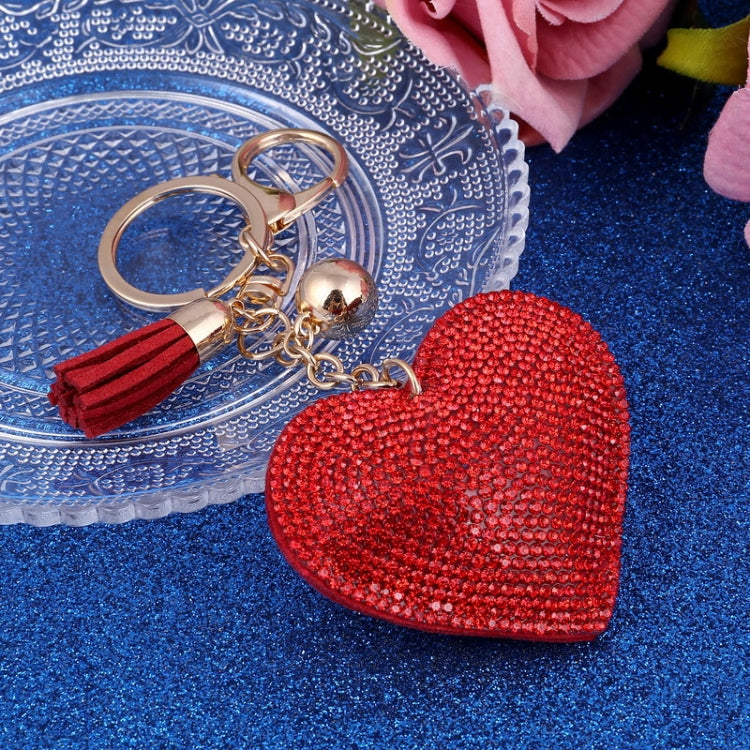 Heart Keychain Leather Tassel Gold Key Holder Metal Crystal Key Chain Keyring Charm Bag Auto Pendant Gift(red) by bashfashion