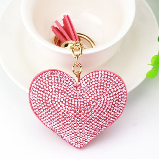 Heart Keychain Leather Tassel Gold Key Holder Metal Crystal Key Chain Keyring Charm Bag Auto Pendant Gift(pink) by bashfashion