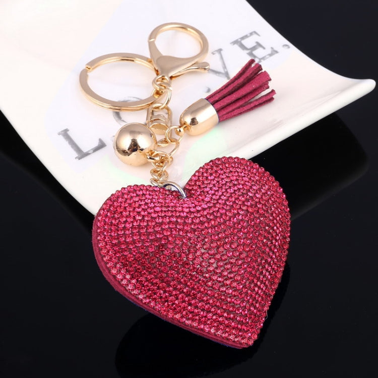 Heart Keychain Leather Tassel Gold Key Holder Metal Crystal Key Chain Keyring Charm Bag Auto Pendant Gift(wine red) by bashfashion