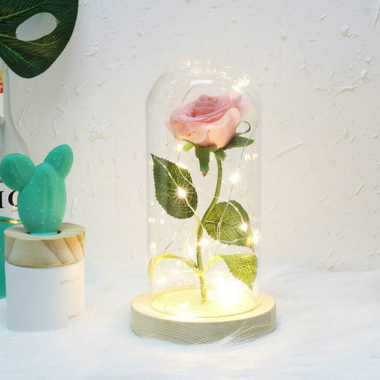 Simulation Roses Lights Glass Cover Decorations Crafts Valentines Day Gifts(Pink) by bashfashion