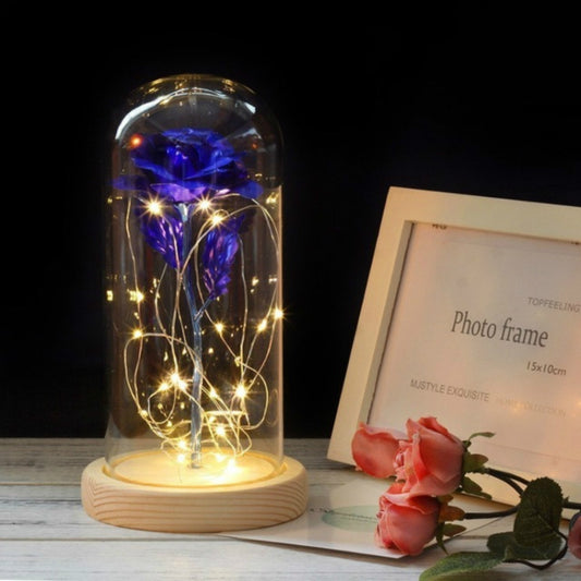 Simulation Roses Lights Glass Cover Decorations Crafts Valentines Day Gifts(Blue) by bashfashion