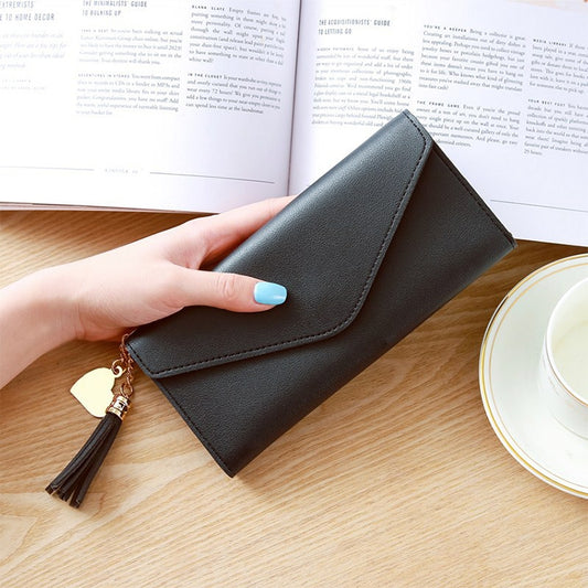 Long Wallet Women Purses Tassel Fashion Coin Purse Card Holder Wallets Female Clutch PU Leather Wallet(Black) by bashfashion