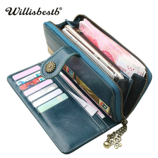 Vintage Button Phone Purses Women Wallets Female Purse Leather Brand Retro Ladies Long Zipper Woman Wallet Card Clutch(Long wine) by bashfashion