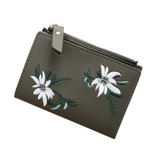 Embroidery Short Wallet PU Leather Wallets Female Floral Hasp Coin Purse Zipper Bag Card Holders(Army Green) by bashfashion