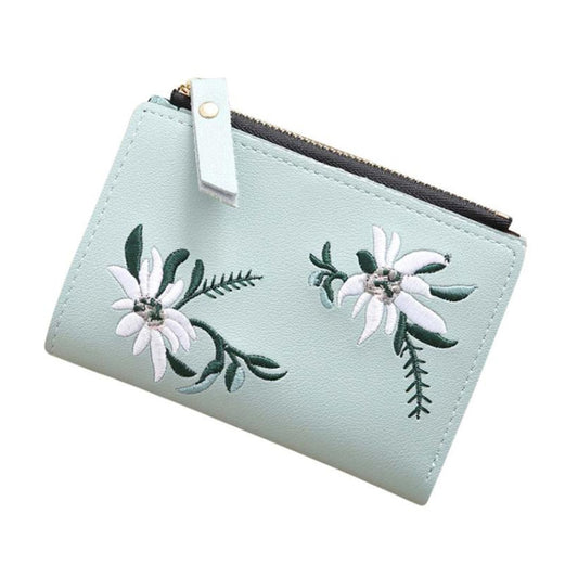 Embroidery Short Wallet PU Leather Wallets Female Floral Hasp Coin Purse Zipper Bag Card Holders(Light Green) by bashfashion