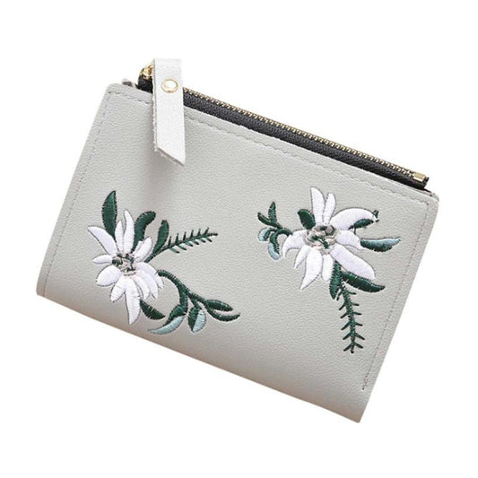 Embroidery Short Wallet PU Leather Wallets Female Floral Hasp Coin Purse Zipper Bag Card Holders(Gray) by bashfashion