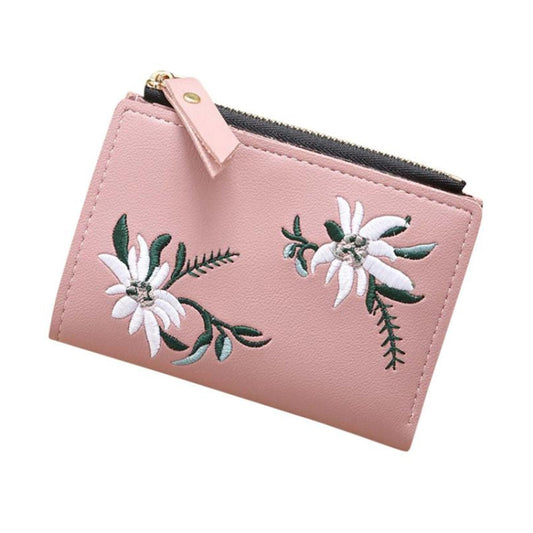 Embroidery Short Wallet PU Leather Wallets Female Floral Hasp Coin Purse Zipper Bag Card Holders(Light Pink) by bashfashion