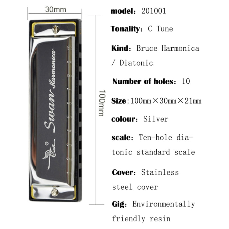 Swan 10 Holes Full-scale Bruce Harmonica Beginner Children Adult Students Playing Musical Instruments by bashfashion