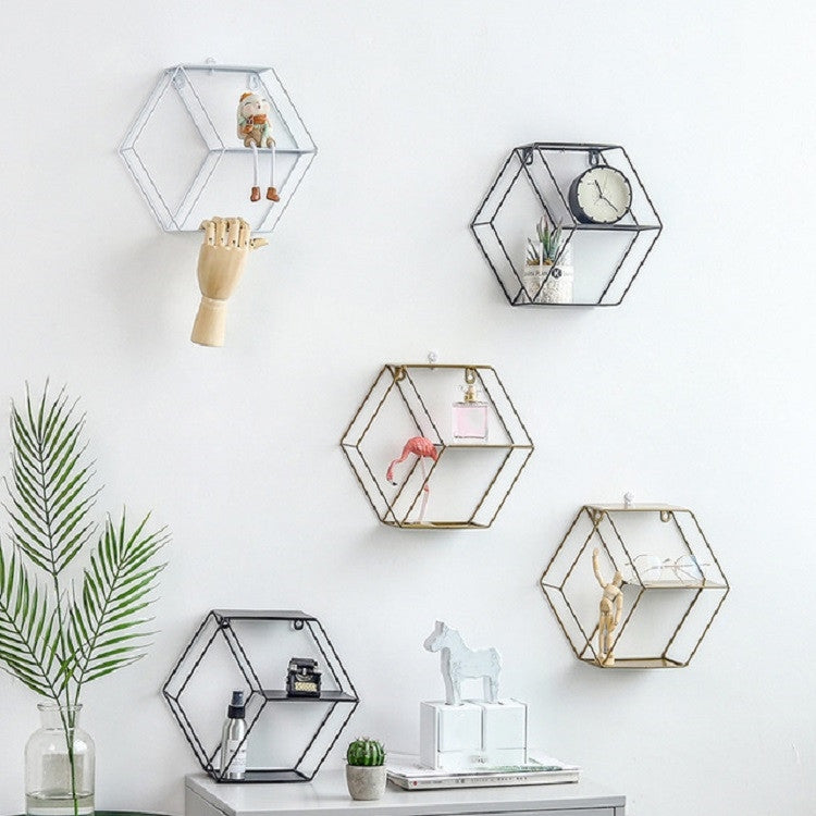 Hanging Wrought Iron Hexagonal Grid Wall Shelf Home Decoration(Black) by bashfashion