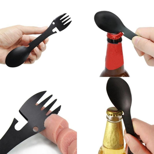 2 PCS 5 in 1 Multi-functional Outdoor Tools Stainless Steel Camping Survival EDC Kit Practical Fork Knife Spoon Bottle/Can Opener(Black) by bashfashion