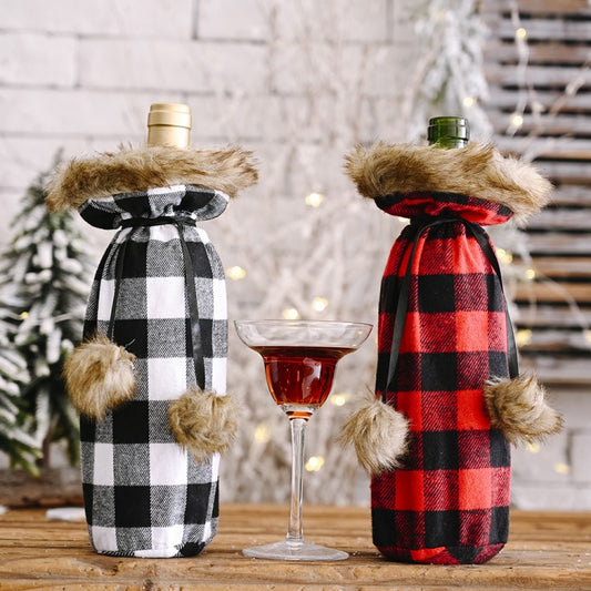 Christmas Items Pompoms Lattice Wine Bottle Cover Wine Bottle Bag(Black And White) by bashfashion