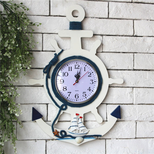 Mediterranean Style Blue And White Rudder Clock Wall Clock Home Living Room Bedroom Decoration Wooden Crafts, Style:Sailing by bashfashion
