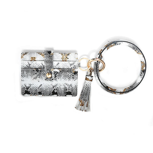 Wrist Ring PU Leather Card Case Key Chain Coin Purse(White Snake) by bashfashion