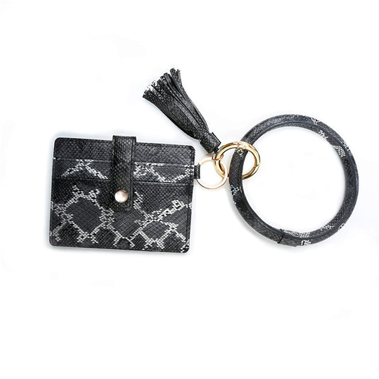 Wrist Ring PU Leather Card Case Key Chain Coin Purse(Black Snake) by bashfashion