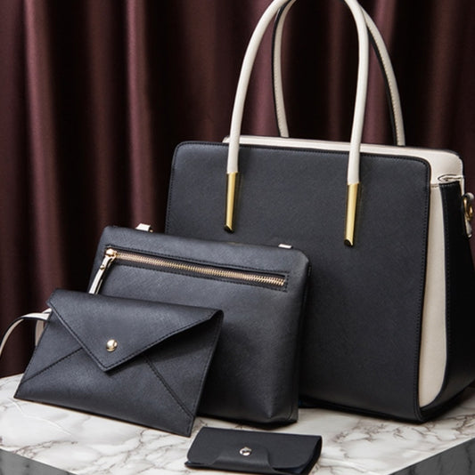 4 In 1 Fashion Color-Block Messenger Handbag Large-Capacity Bag(Black) by bashfashion