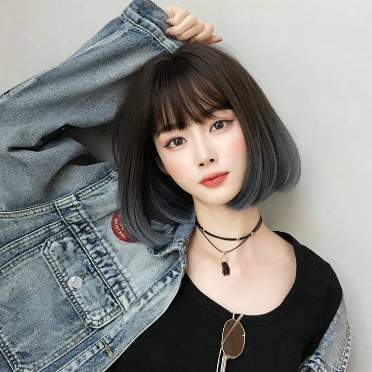 Wig Female Short Hair Bobo Student Head Round Face Full Top Headgear Natural Gradient Color Internal Buckle Straight Hair(Gradient Haze Blue 30CM) by bashfashion