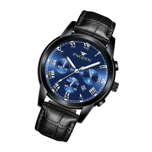 FNGEEN 4006 Men Trendy Waterproof Quartz Watch(Black Leather Black Steel Blue Surface) by FNGEEN
