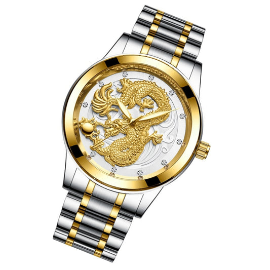 FNGEEN S666 Waterproof Luminous Watch Quartz Ultra-Thin Dragon Or Phoenix Pattern Couple Watch(Between Gold White Surface) by FNGEEN