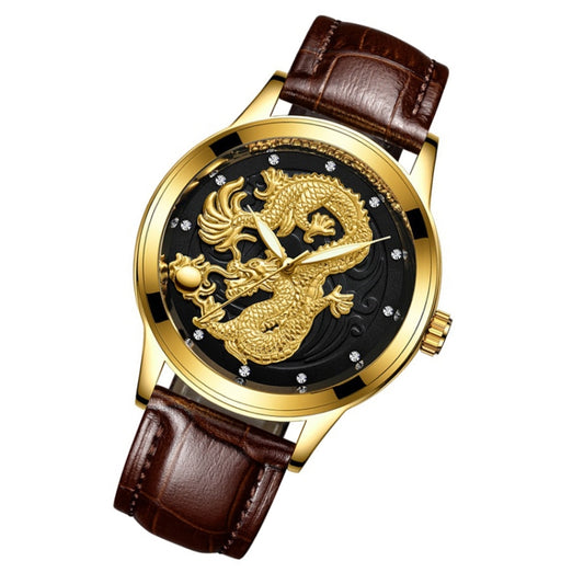 FNGEEN S666 Waterproof Luminous Watch Quartz Ultra-Thin Dragon Or Phoenix Pattern Couple Watch(Brown Leather Full Gold Black Surface) by FNGEEN