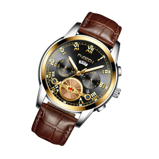 FNGEEN 4001 Men Watch Multi-Function Quartz Watch, Colour: Brown Leather Gold Black Surface by FNGEEN