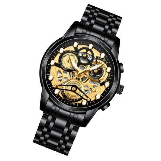 FNGEEN 4088 Men Hollow Quartz Watch Student Waterproof Luminous Watch(Black Steel Black Surface Gold Nails) by FNGEEN