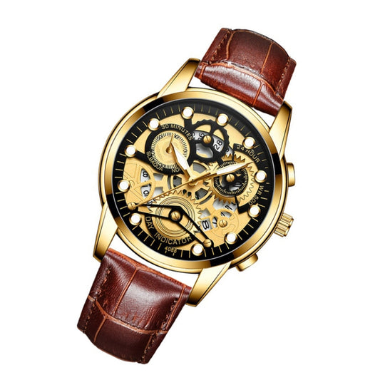 FNGEEN 4088 Men Hollow Quartz Watch Student Waterproof Luminous Watch(Brown Leather Full Gold Black Surface) by FNGEEN