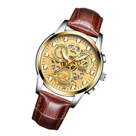 FNGEEN 4088 Men Hollow Quartz Watch Student Waterproof Luminous Watch(Brown Leather Gold Surface) by FNGEEN