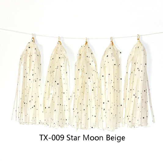 Color Polka Dot Paper Tassels Birthday Room Decoration Ribbon Garland(TX-009 Star Moon Beige) by bashfashion