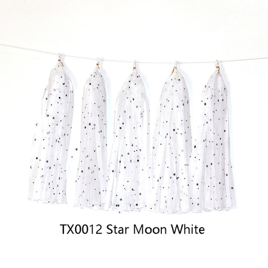 Color Polka Dot Paper Tassels Birthday Room Decoration Ribbon Garland(TX0012 Star Moon White) by bashfashion