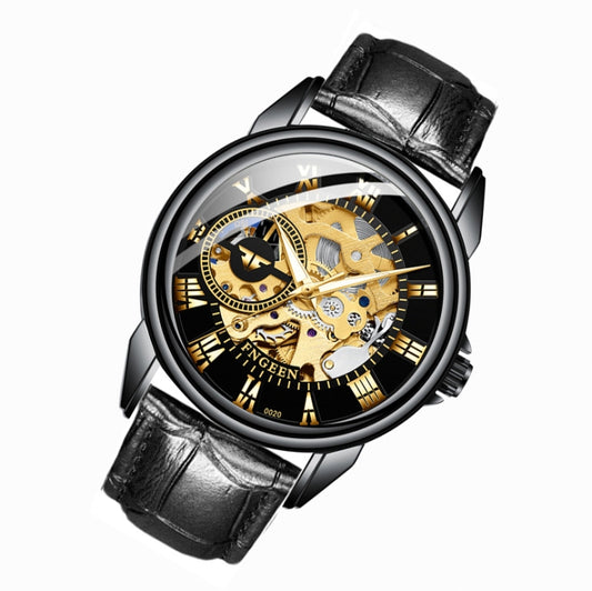 FNGEEN 0020 Men And Women Automatic Mechanical Watch Double-sided Hollow Business Watch(All Black Leather Golden Nails) by FNGEEN