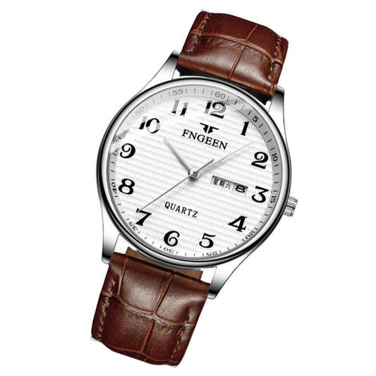 FNGEEN 7811 Middle-aged and Elderly Men Large Digital Dial Quartz Watch(Brown Leather White Steel White Surface) by FNGEEN