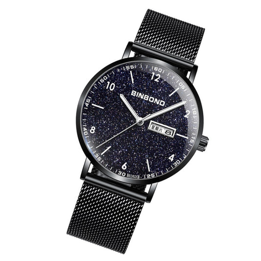 BINBOND B3820 Men Simple Luminous Quartz Watch Student Trendstarry Starry Sky Pattern Watch(Black Mash Black Shell White Nails) by BINBOND