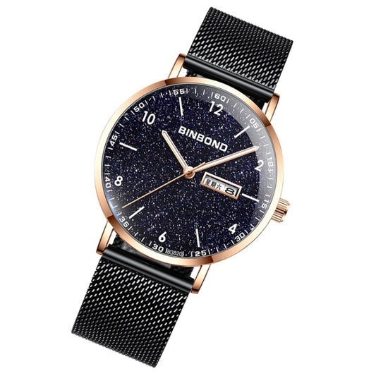BINBOND B3820 Men Simple Luminous Quartz Watch Student Trendstarry Starry Sky Pattern Watch(Black Mash Rose Shell Rose Gold Nails) by BINBOND