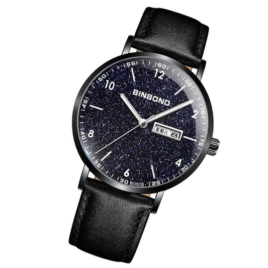 BINBOND B3820 Men Simple Luminous Quartz Watch Student Trendstarry Starry Sky Pattern Watch(Black Leather Black Shell White Nails) by BINBOND