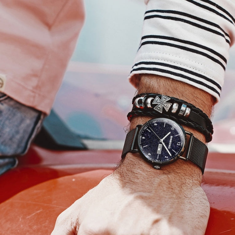 BINBOND B3820 Men Simple Luminous Quartz Watch Student Trendstarry Starry Sky Pattern Watch(Black Leather White Shell White Nails) by BINBOND