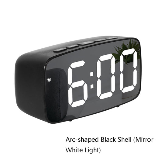 Mirror Bedside Alarm Clock Battery Plug-In Dual-Purpose LED Clock, Colour: Arc-shaped Black Shell (Mirror White Light) by bashfashion