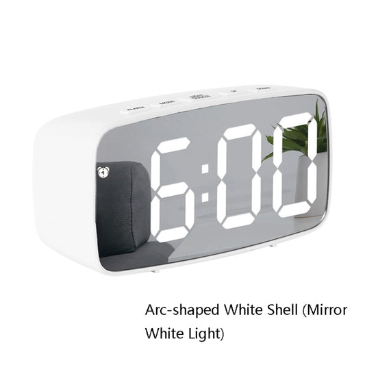 Mirror Bedside Alarm Clock Battery Plug-In Dual-Purpose LED Clock, Colour: Arc-shaped White Shell (Mirror White Light) by bashfashion