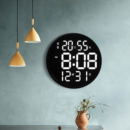 6620 12 Inch LED Simple Wall Clock Living Room Round Silent Digital Temperature And Humidity Electronic Clock(Black Frame EU Plug) by bashfashion