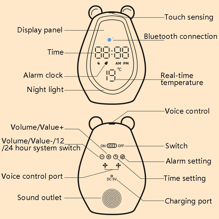 Bear Alarm Clock LED Digital Silent Bedside Lamp Bluetooth Speaker USB Charging Children Cartoon Night Light(Bluetooth Version) by bashfashion