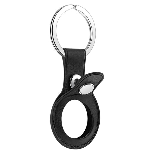 Anti-scratch Top-layer Cowhide Leather Protective Cover with Hanging Buckle for AirTag(Black) by bashfashion