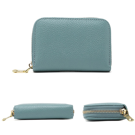 1626 Short RFID Anti-Theft Brush Multiple Card-Binding Card Package Ladies Cowhide Zipper Wallet(Linen Blue) by bashfashion