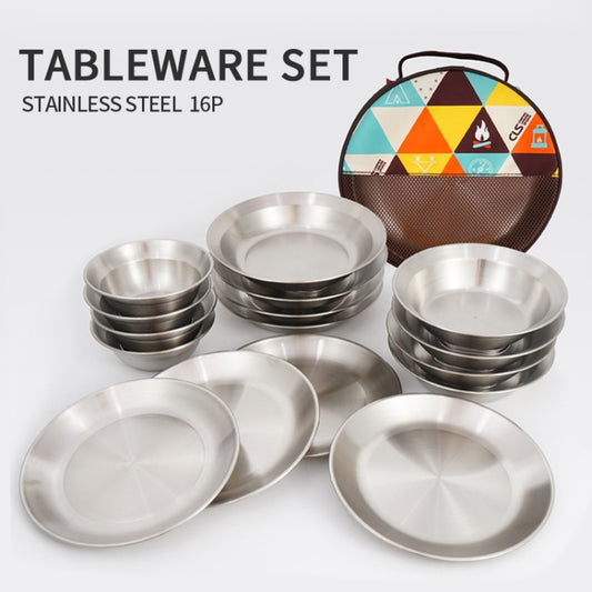 16 PCS / Set CLS Outdoor Stainless Steel Tableware Portable Camping Dinner Bowl Plate Kit by CLS