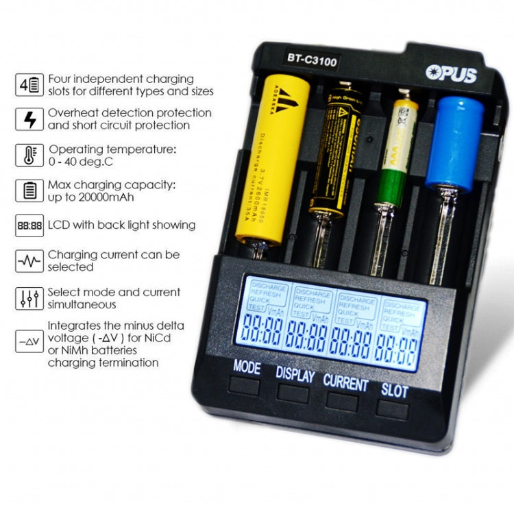 OPUS BT-C3100 Smart Smart Digital Intelligent 4-Slot Battery Charger(UK Plug) by OPUS