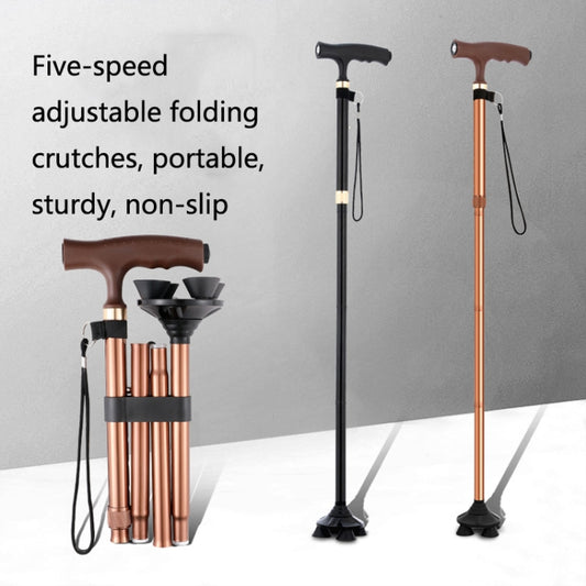 TBS-009 Four-Legged Folding Elderly Crutches Aluminum Alloy Light And Multifunctional Non-Slip Crutches With Light(Black) by bashfashion